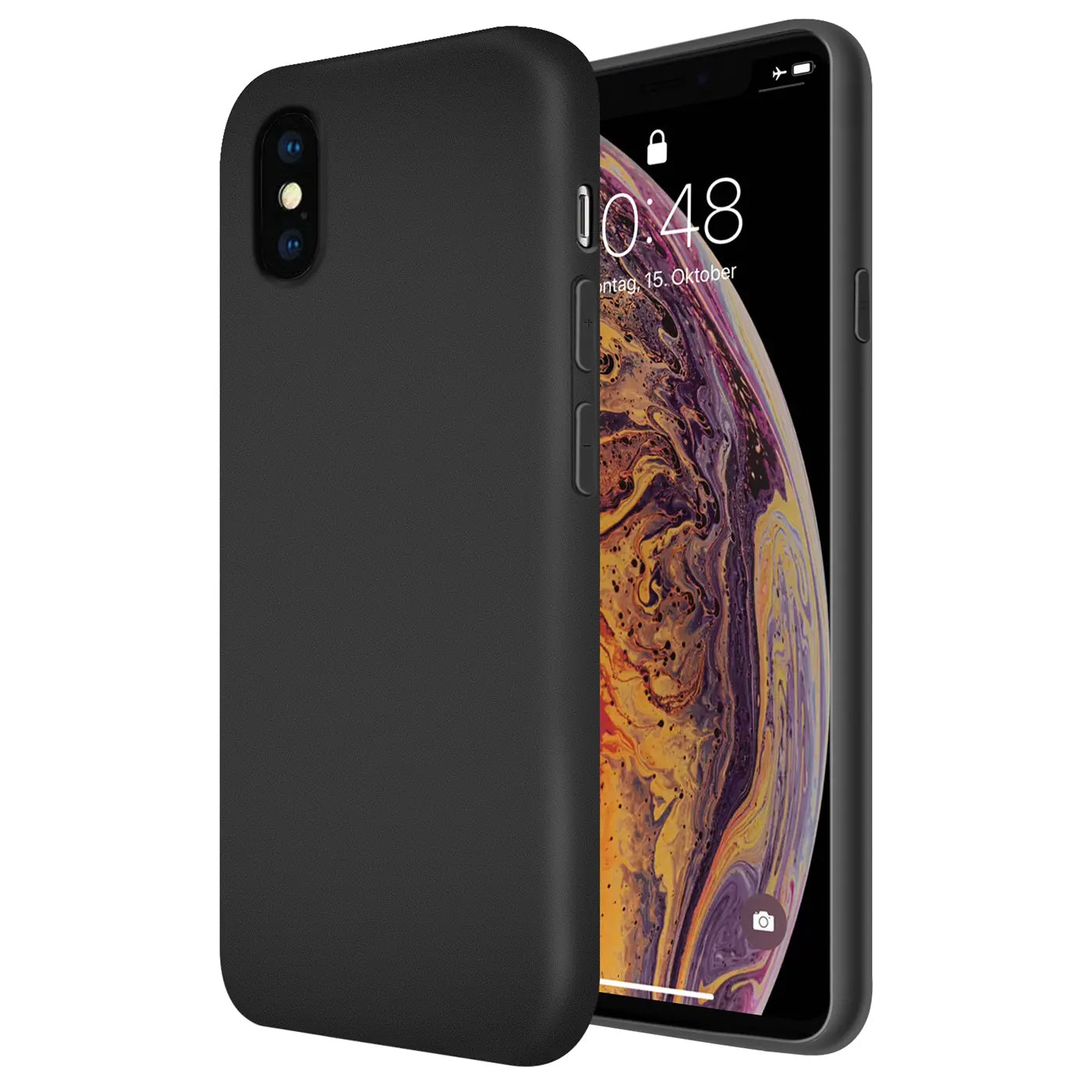 Schwarze Silikonhülle für iPhone X/XS, von vorne, mit Mikrofaser-Innenfutter.