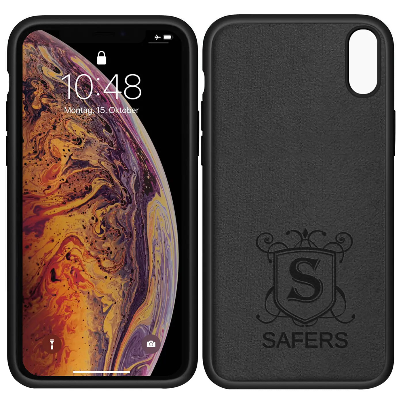 Schwarze Silikonhülle für iPhone X/XS, Rückseite mit Logo, Vorderseite mit Display