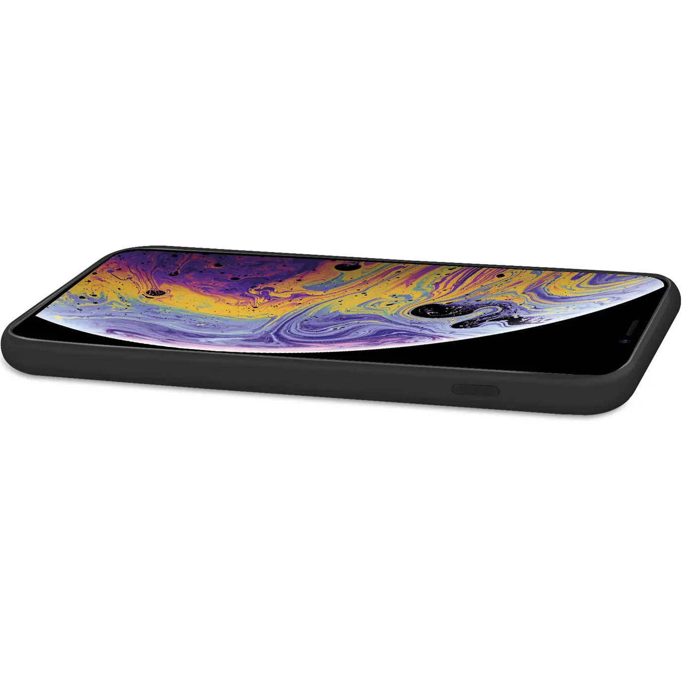 Schwarze Silikonhülle mit Mikrofaser-Innenfutter, von schräg oben, auf einem iPhone X/XS.