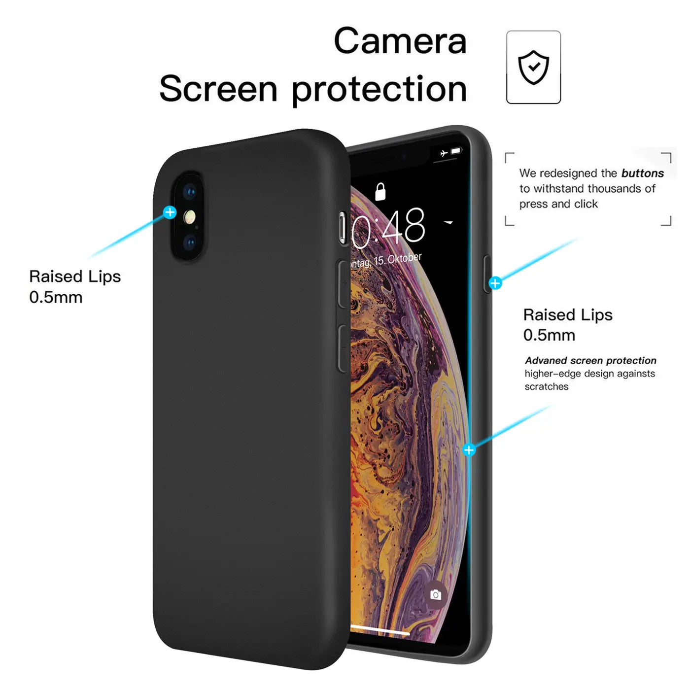 Schwarze Silikonhülle für iPhone X/XS, von hinten/seitlich gezeigt, mit Fokus auf Kamera und Display.