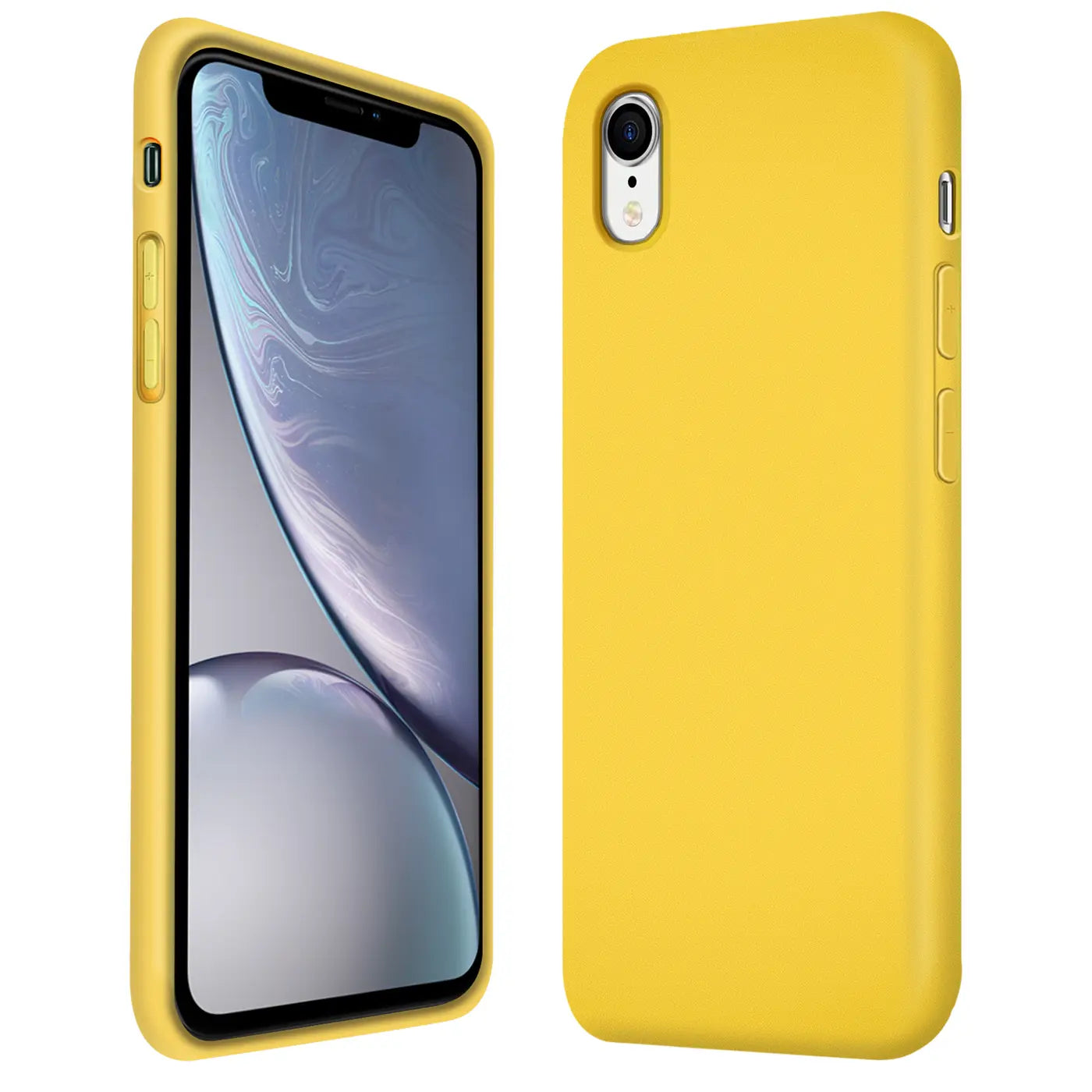 Gelbes Silikon-iPhone XR mit Mikrofaser-Innenfutter, Seiten- und Rückansicht.
