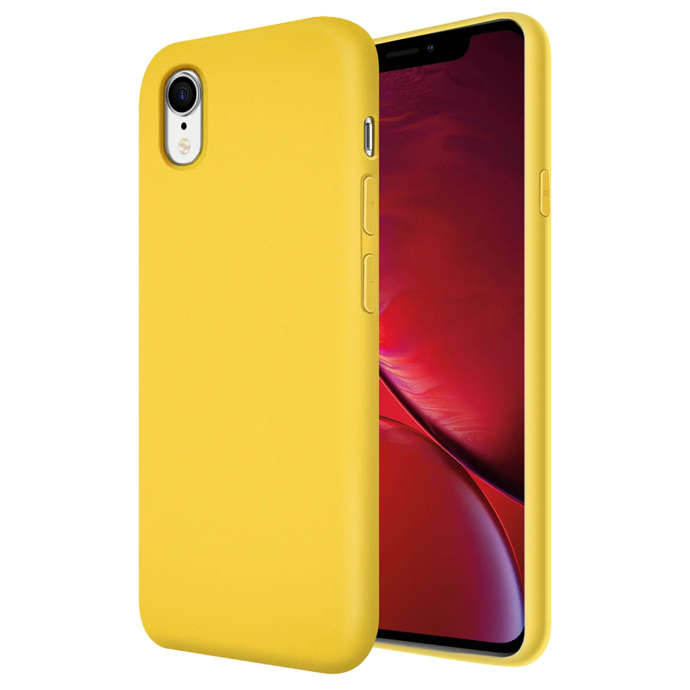 Gelbe Silikonhülle für iPhone XR, von vorne links, mit Mikrofaser-Innenfutter.