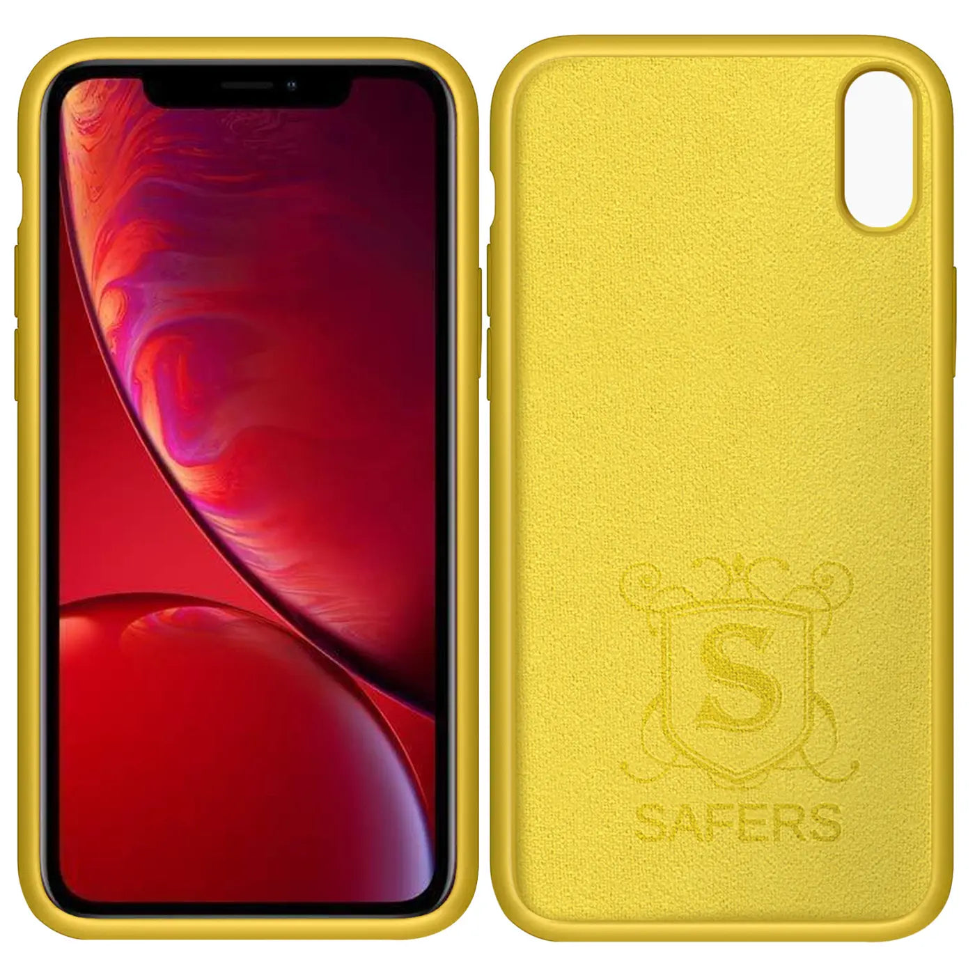 Gelbe Silikonhülle für iPhone XR, Rückseite mit Logo, von vorne und hinten gezeigt.