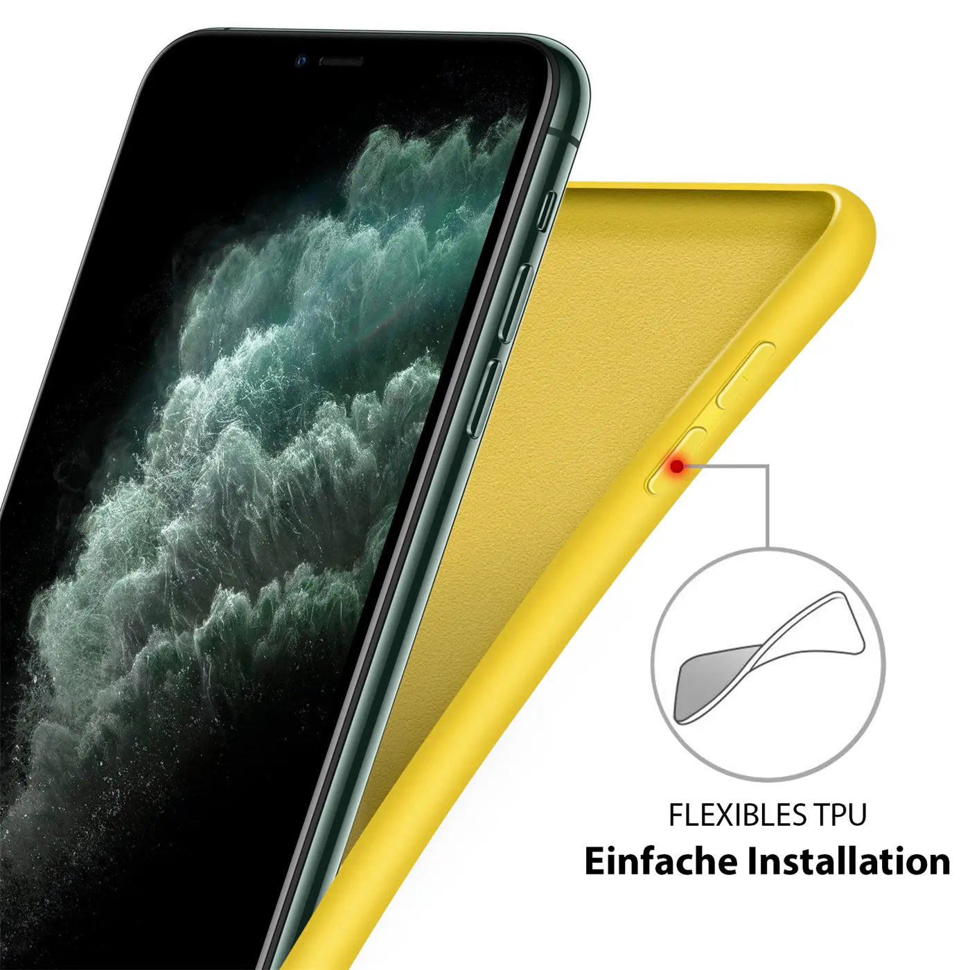Gelbe Silikonhülle neben iPhone XR, Seitenansicht. Mikrofaser innen.