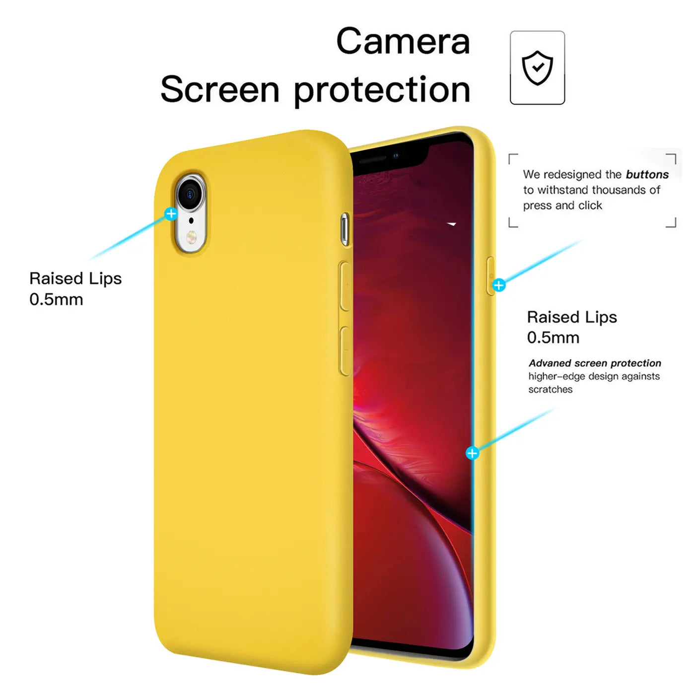 Gelbes iPhone XR mit Silikonhülle, Seitenansicht.