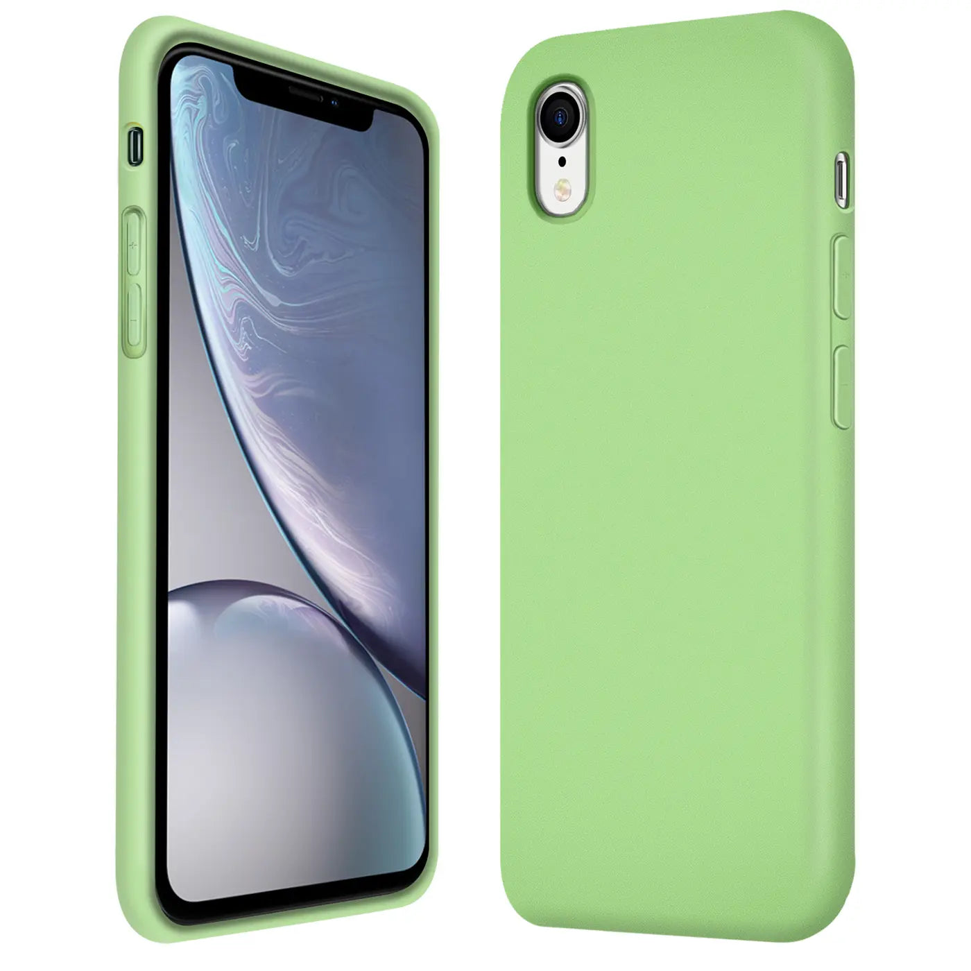 Grüne Silikonhülle für iPhone XR, von vorne und von hinten gezeigt.