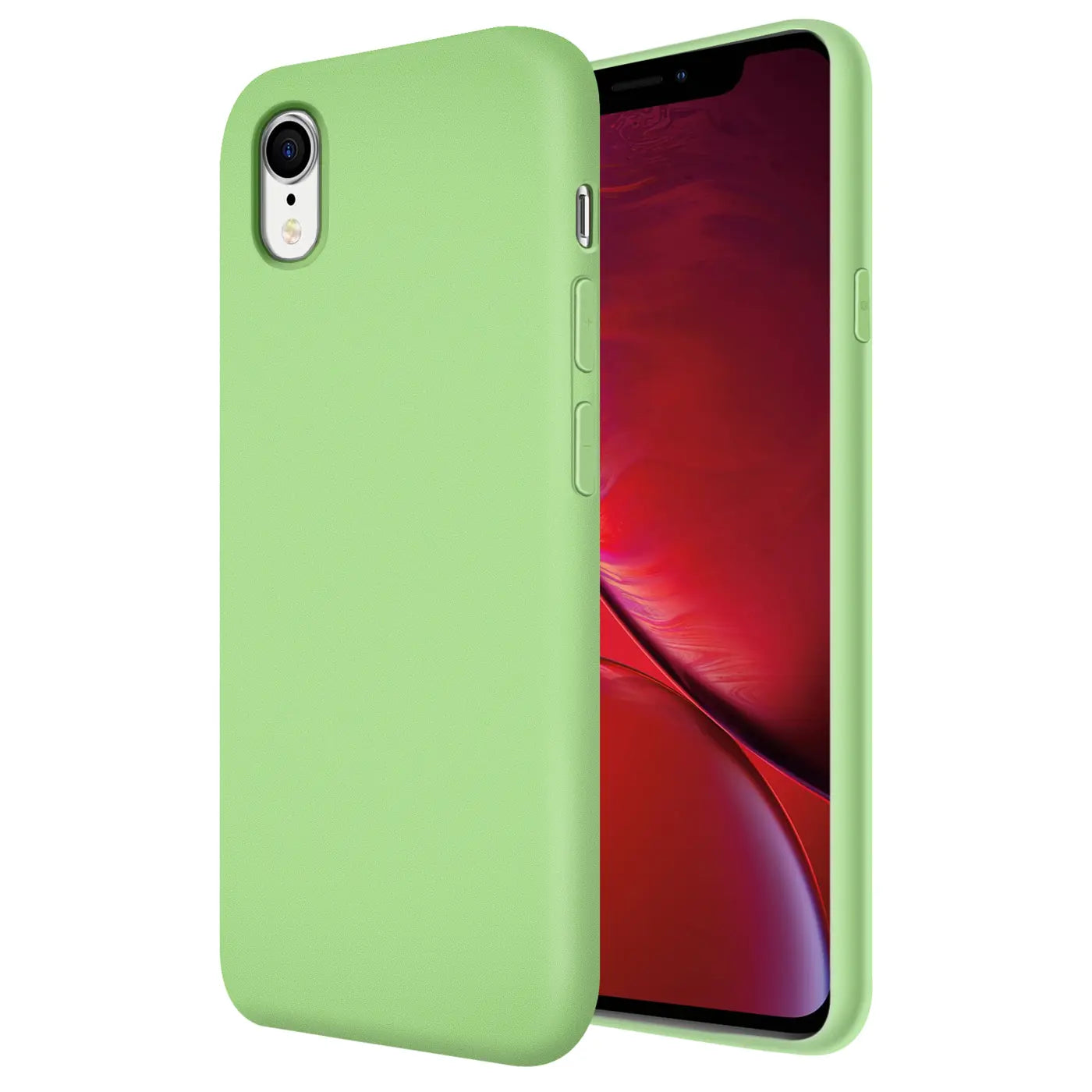 Grüne Silikonhülle mit Mikrofaser-Innenfutter für iPhone XR, Seitenansicht.