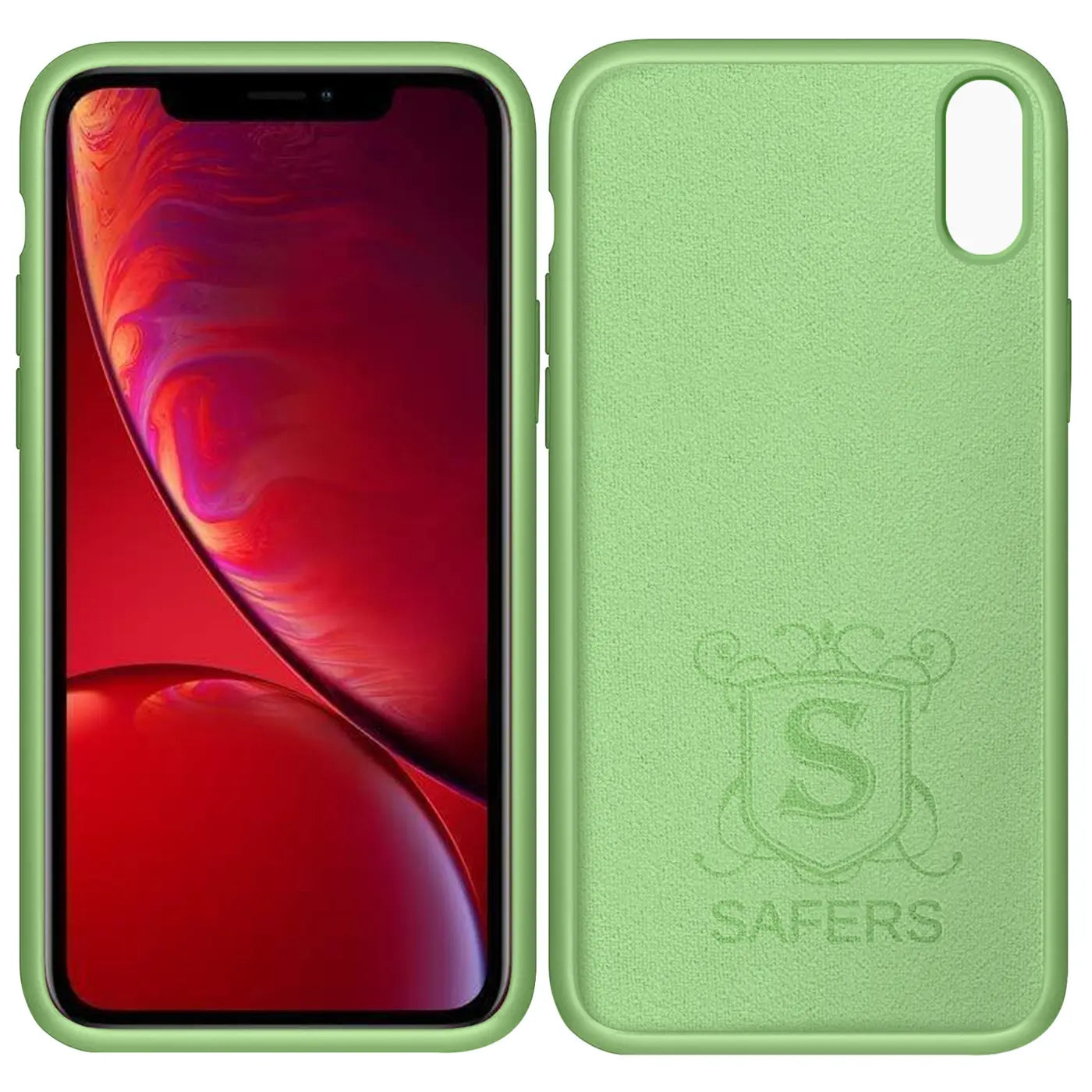Grüne Silikonhülle für iPhone XR, Vorder- und Rückansicht, Mikrofaser-Innenfutter.