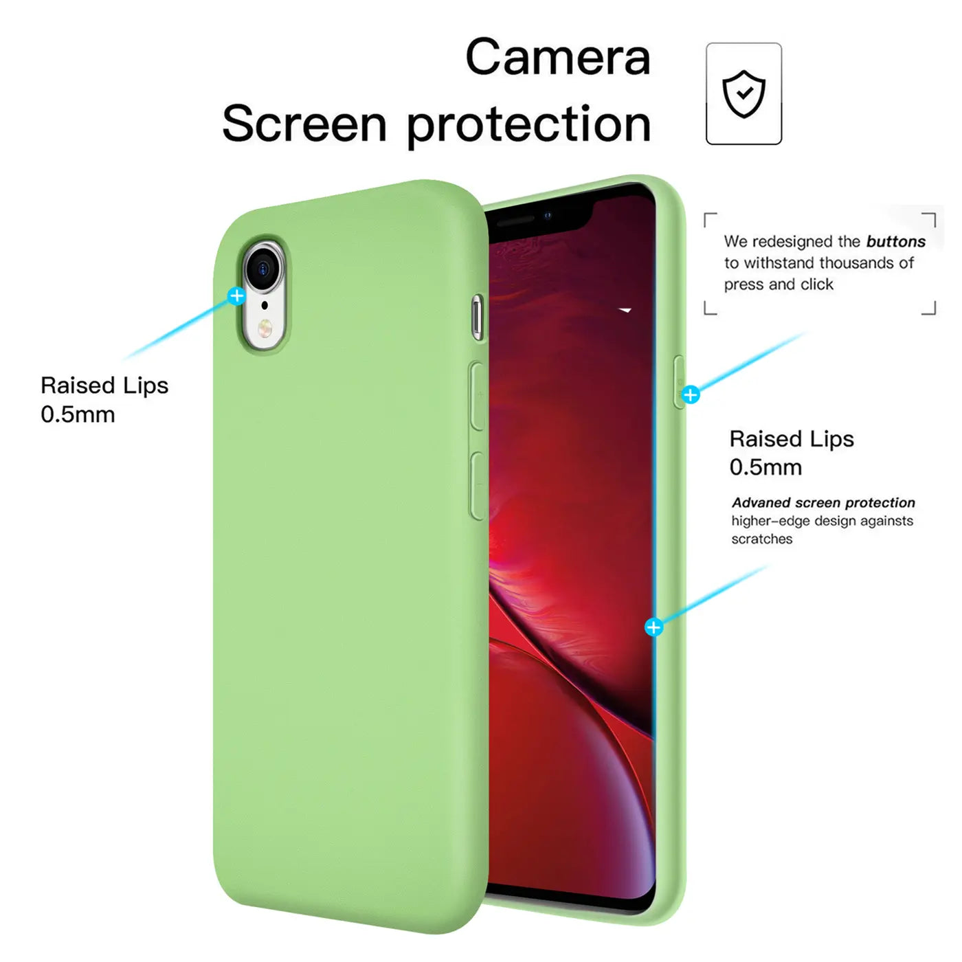 Grüne Silikonhülle für iPhone XR, von vorne und Seite, mit Mikrofaser-Innenfutter.