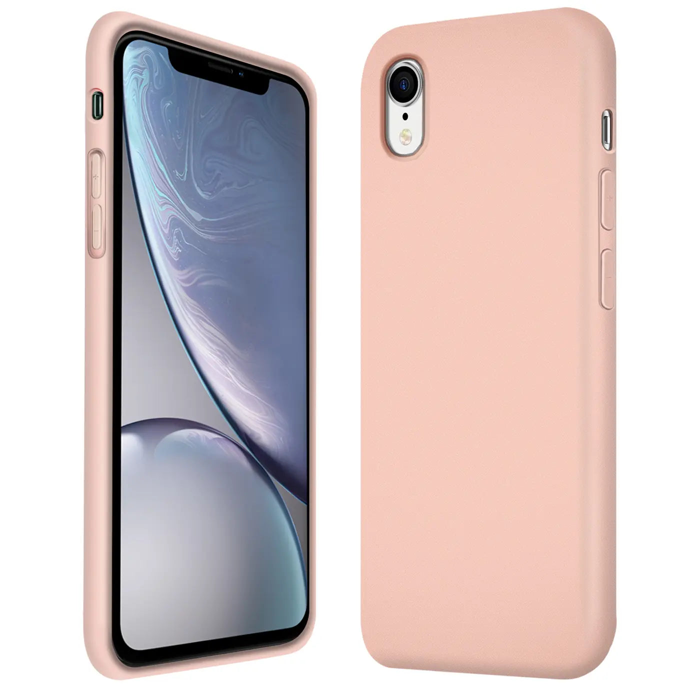 Rosa Silikonhülle für iPhone XR, Vorder- und Rückansicht, Mikrofaser-Innenfutter.