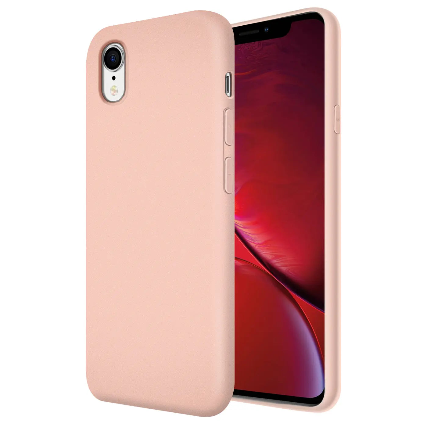 Rosa Silikonhülle für iPhone XR, von schräg vorne, mit Mikrofaser-Innenfutter.