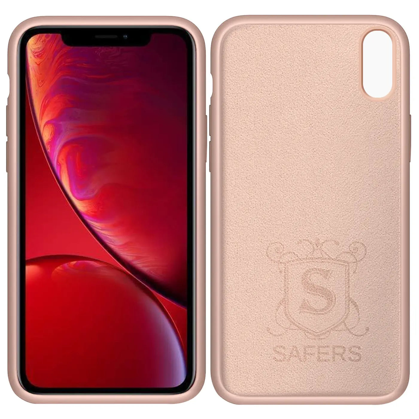 iPhone XR mit roségoldener Silikonhülle, Vorder- und Rückansicht. Mikrofaser innen.