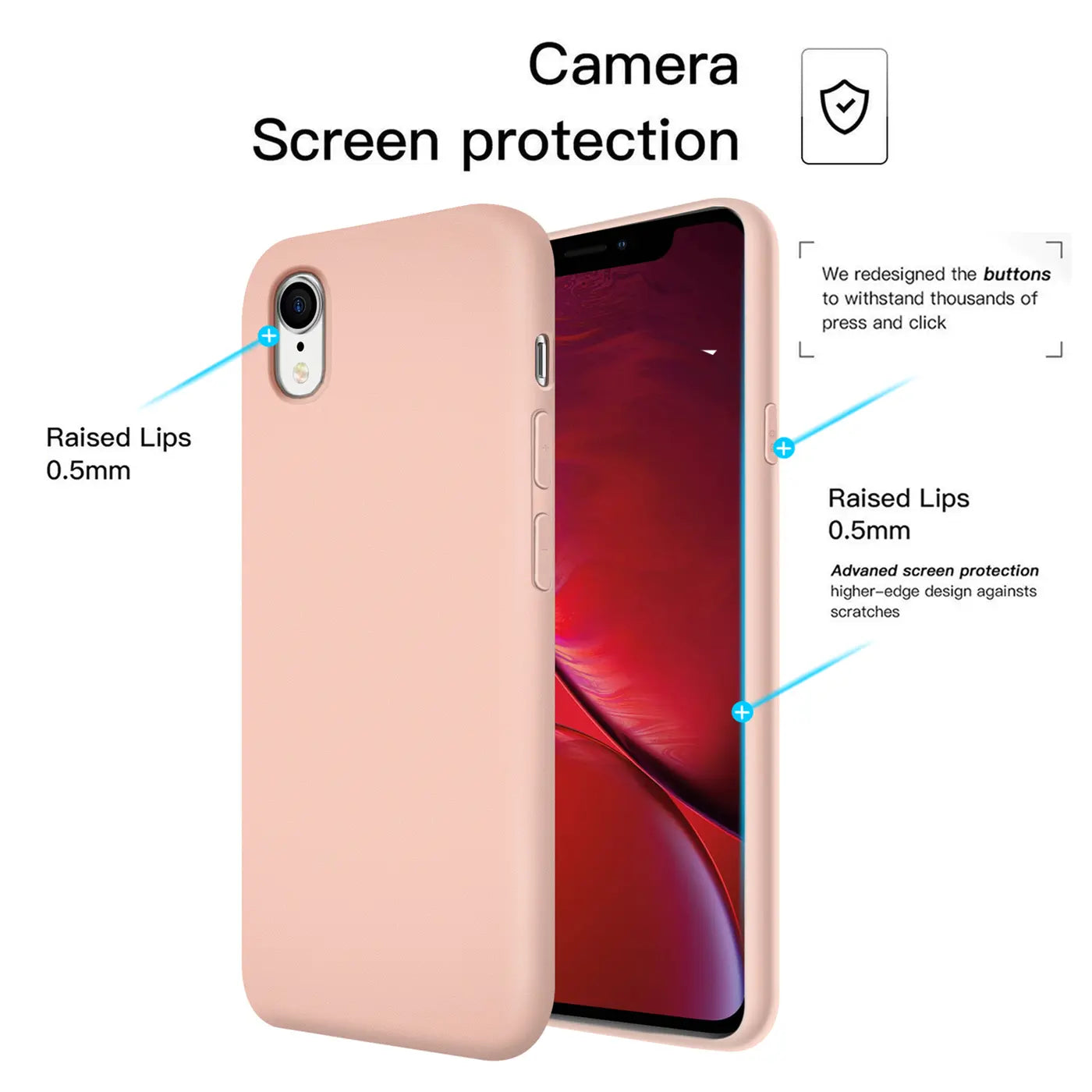 Rosa Silikonhülle für iPhone XR, von schräg vorne, mit hervorgehobener Kamera.