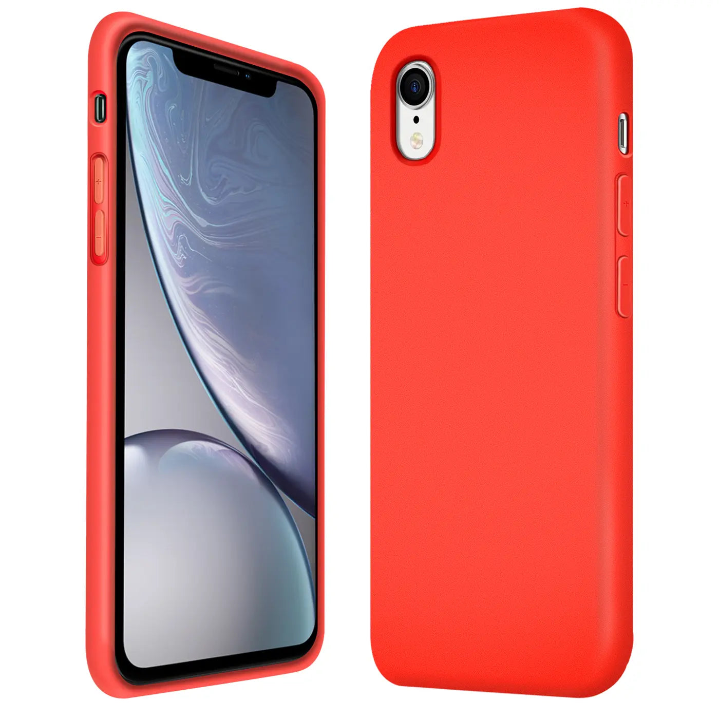 Rote Silikonhülle für iPhone XR, Vorder- und Rückansicht.