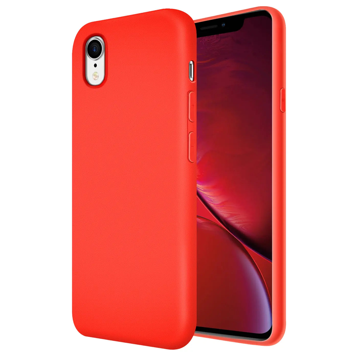 Rote Silikonhülle für iPhone XR, von vorne links, mit Mikrofaser-Innenfutter.