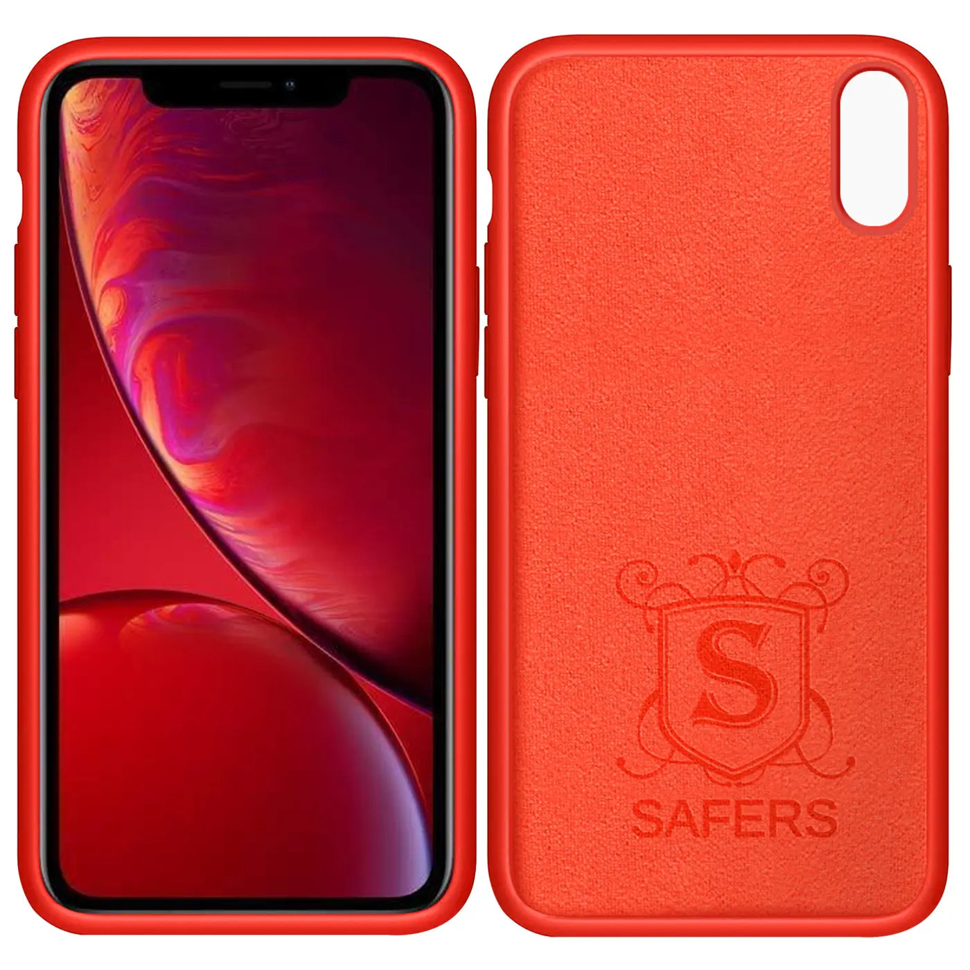 Rote Silikonhülle für iPhone XR, Vorder- und Rückseite, Mikrofaser-Innenfutter.