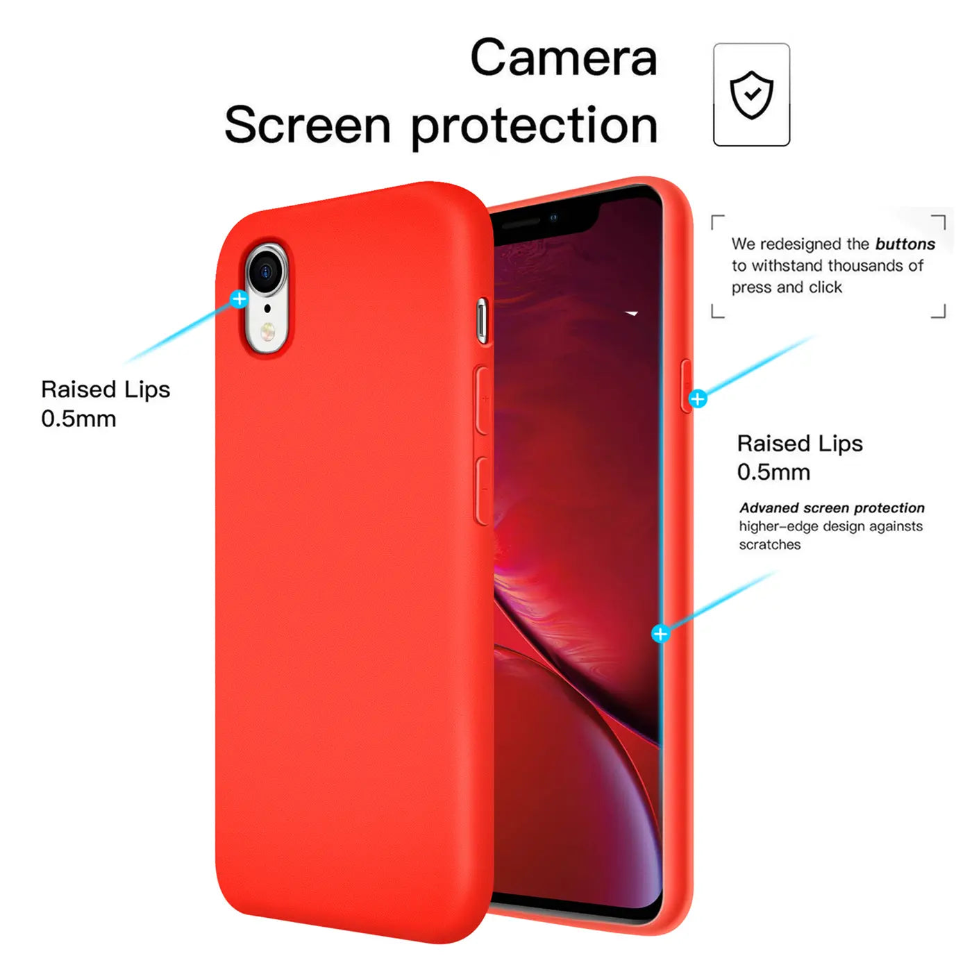 Rote Silikonhülle für iPhone XR, von vorne links, mit hervorgehobener Kamera und erhöhten Rändern.