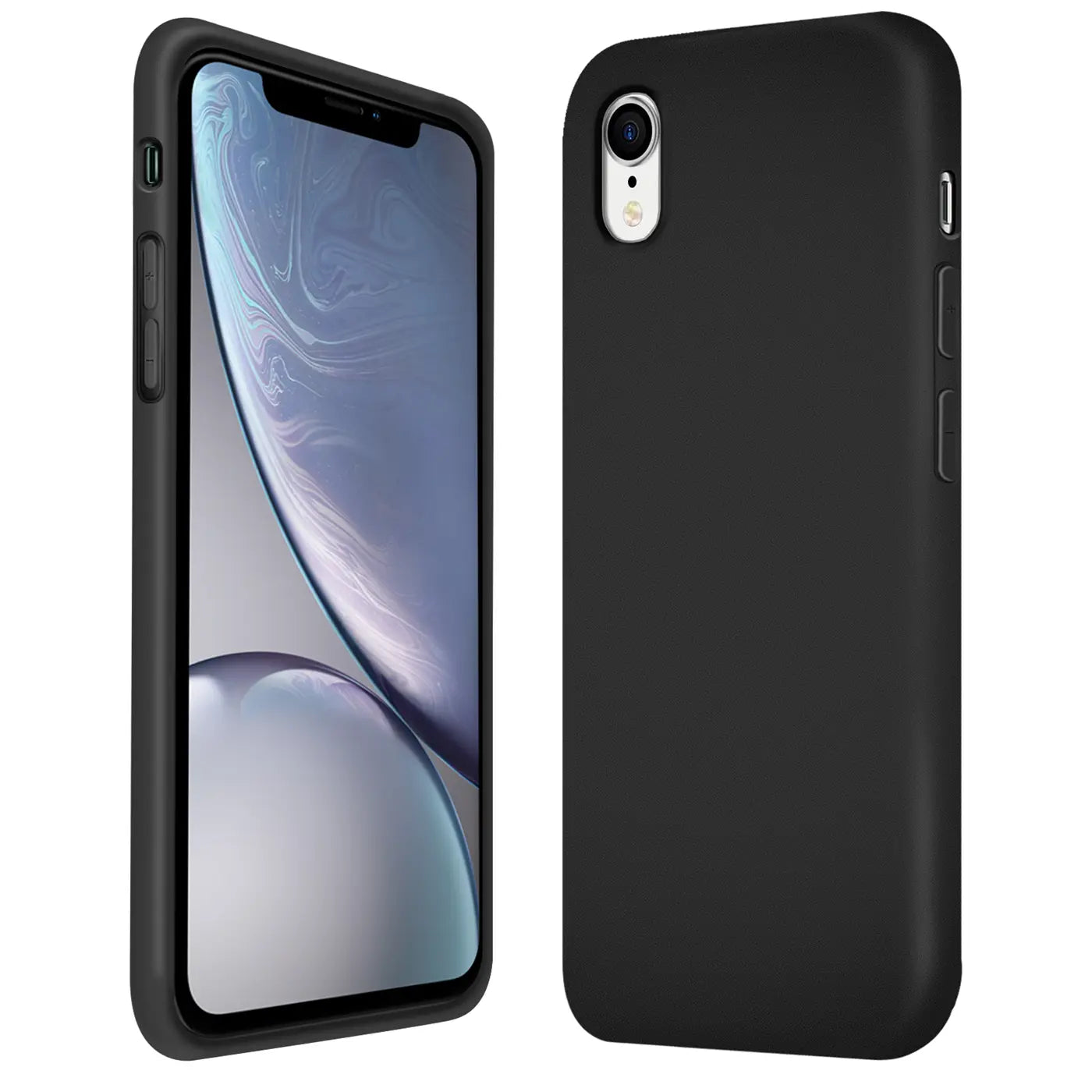 Schwarze Silikonhülle für iPhone XR, Seiten- und Rückansicht
