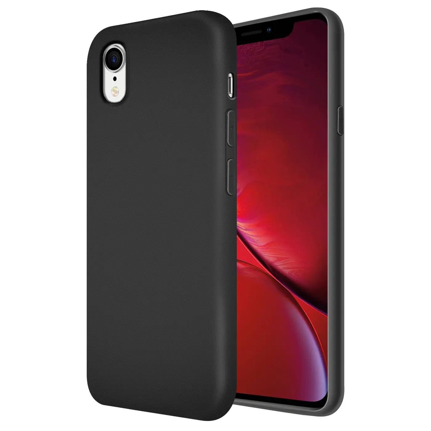 Schwarze Silikonhülle mit Mikrofaser-Innenfutter, seitliche Ansicht, zeigt iPhone XR.