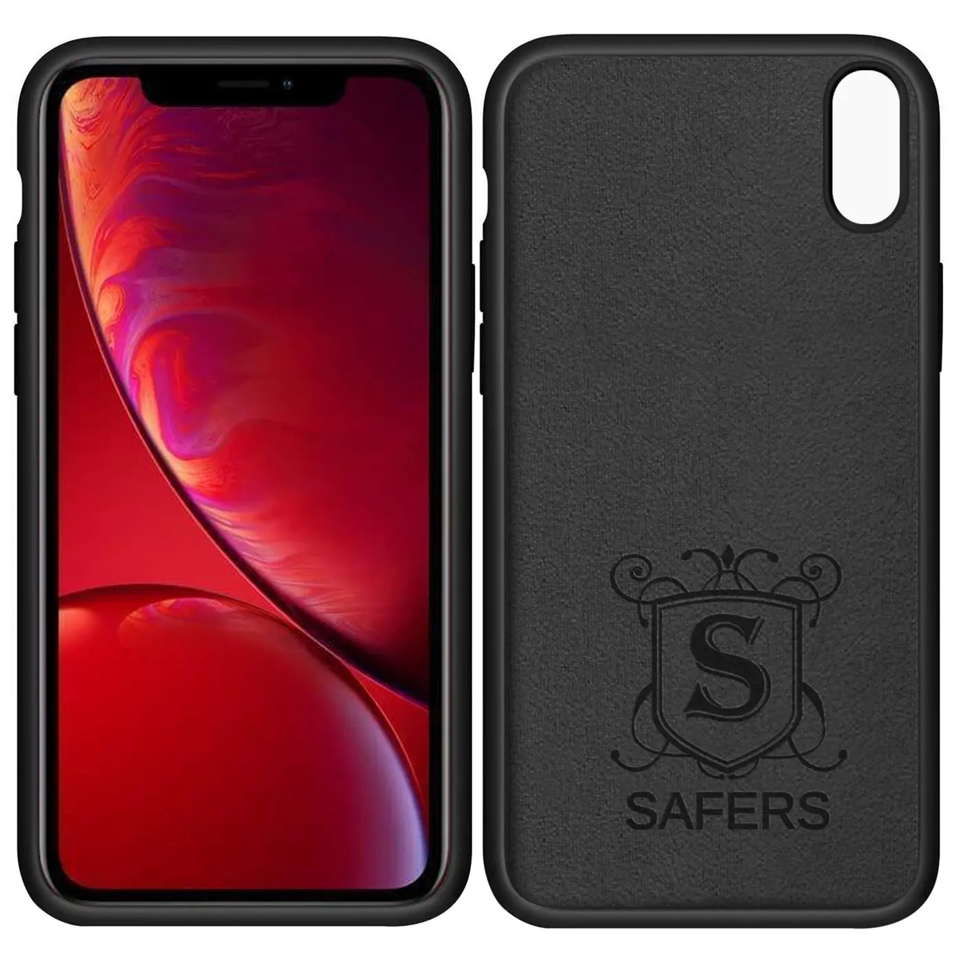 iPhone XR mit schwarzer Silikonhülle, Vorder- und Rückseite, Mikrofaser-Innenfutter.