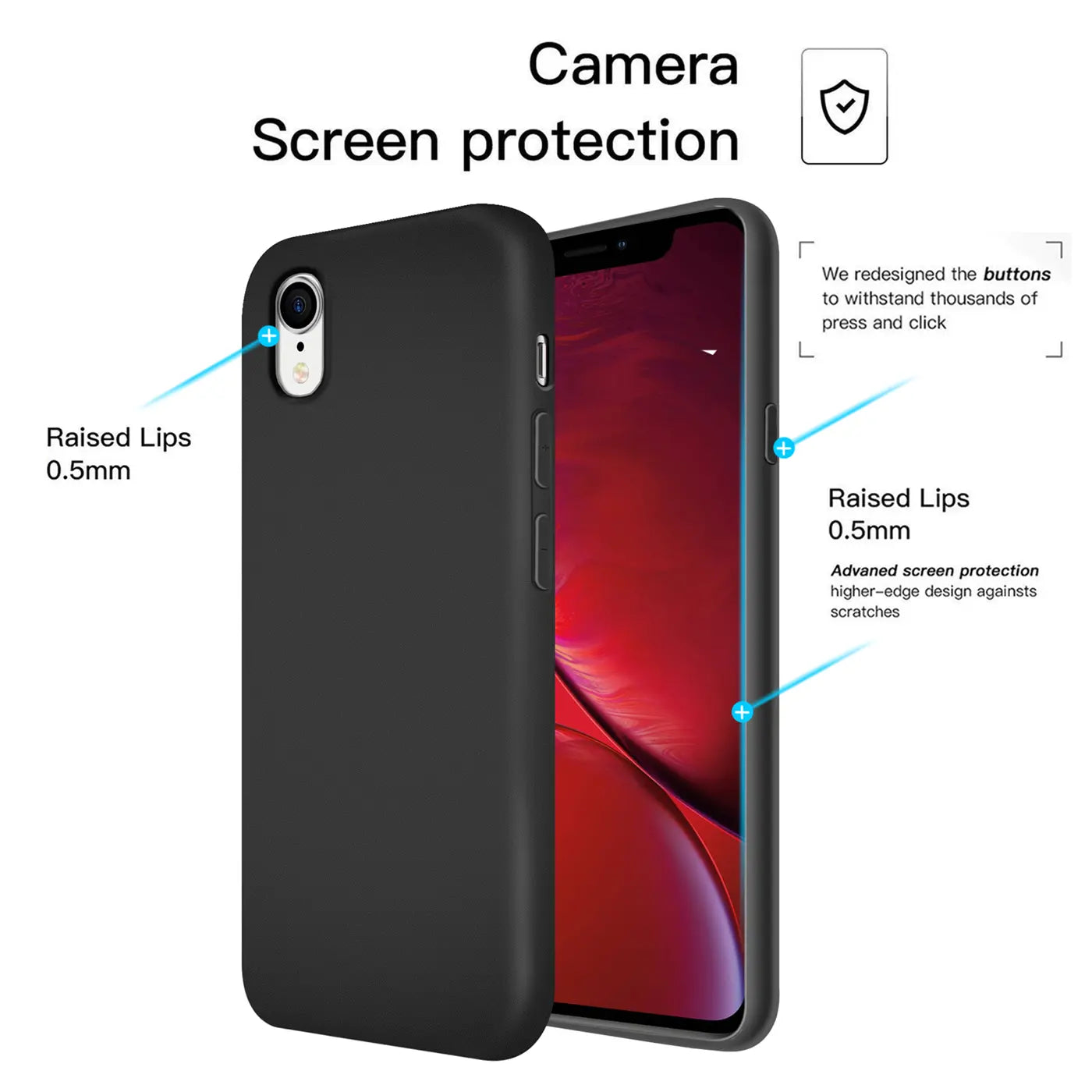 Schwarze Silikonhülle für iPhone XR, von vorne/seitlich, mit Mikrofaser-Innenfutter.