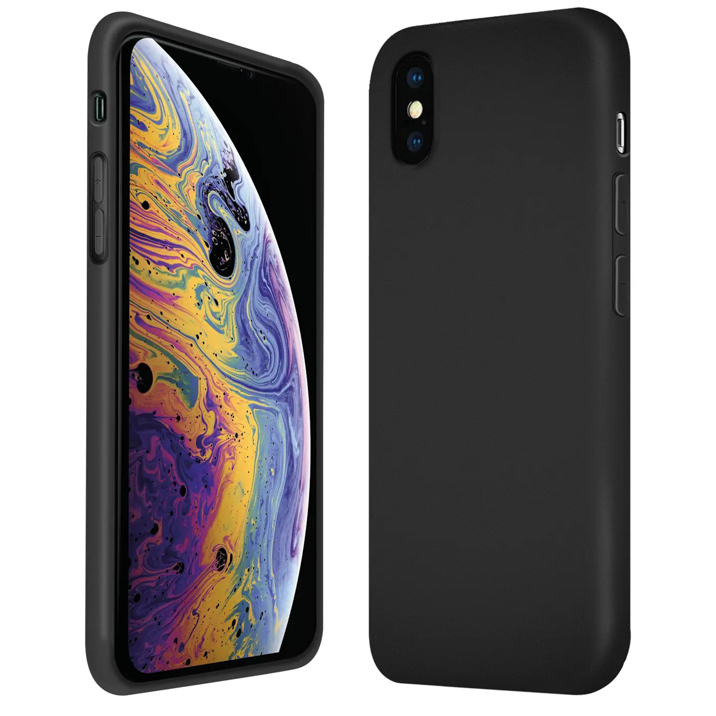 Schwarze Silikonhülle für iPhone Xs Max, von vorne und von hinten gezeigt.