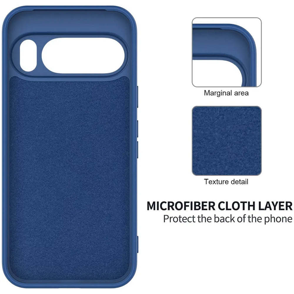 Dunkelblaue Silikonhülle für Google Pixel 10 Pro XL, Rückseite mit Mikrofaser ausgekleidet, von innen schräg oben.