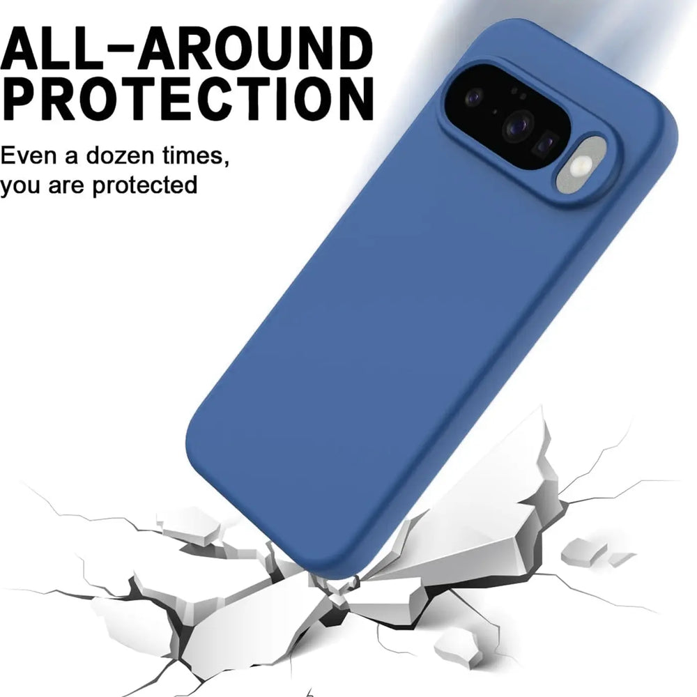 Blaues Silikon-Case für Google Pixel 10 Pro XL, schräg von hinten oben, fällt auf zerbrechenden Boden.