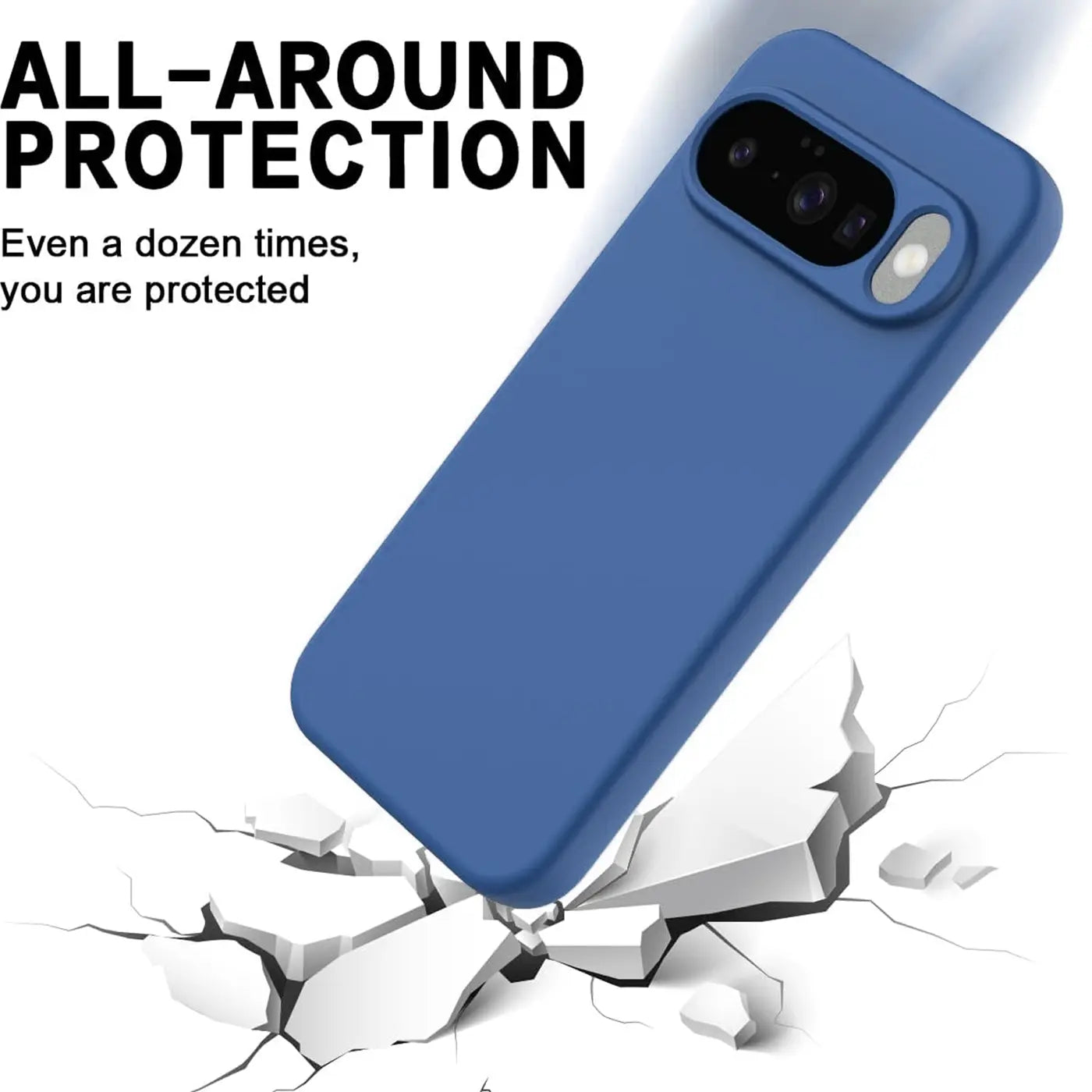 Blaues Silikon-Case für Google Pixel 10 Pro XL, schräg von hinten oben, fällt auf zerbrechenden Boden.