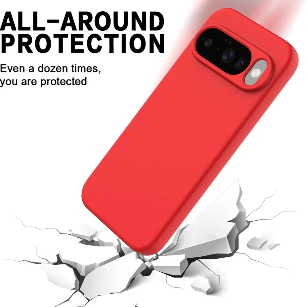 Rote Silikonhülle für Google Pixel 10 Pro XL, schräg von hinten oben, fällt auf zerbrochenen Boden.