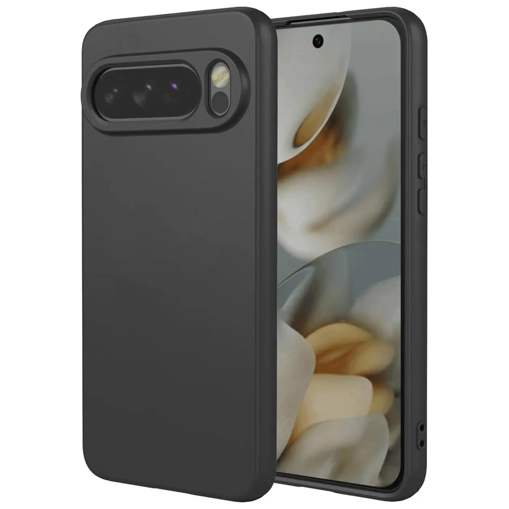 Dunkelgraue Silikonhülle für Google Pixel 10 Pro XL, schräg von hinten links. Kameraaussparung sichtbar.