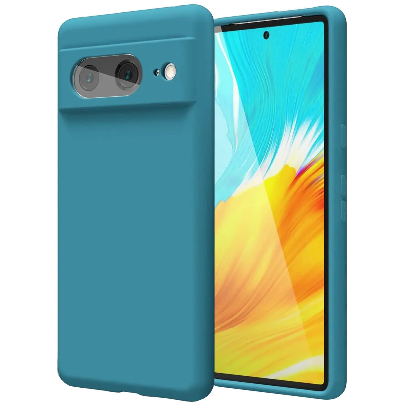 Türkise Silikonhülle für Google Pixel 8, Rückseite mit Kameraausschnitt und Vorderseite mit Display sichtbar.
