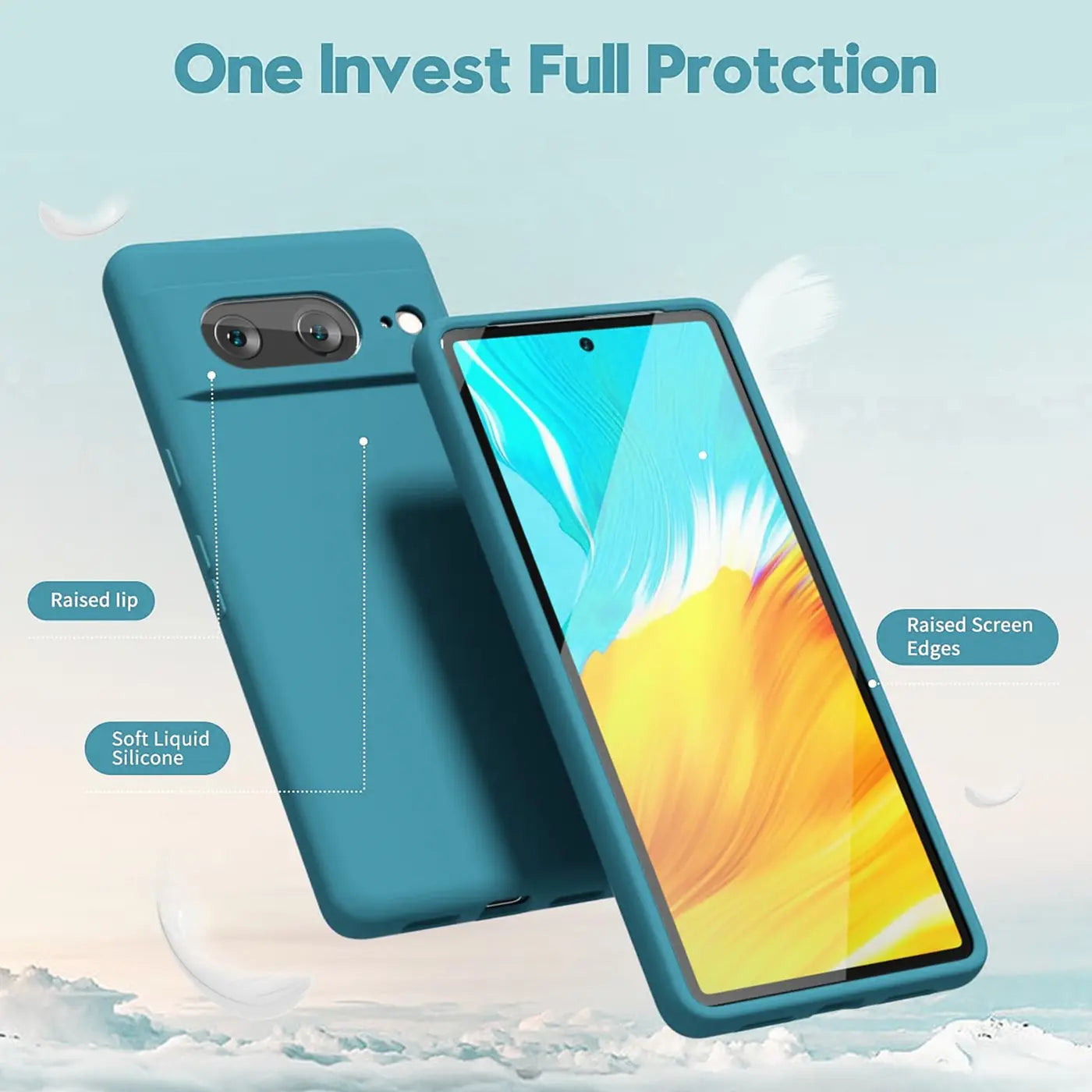 Türkisfarbene Silikonhülle für Google Pixel 8, Rückseite und Vorderseite schräg von oben gezeigt.