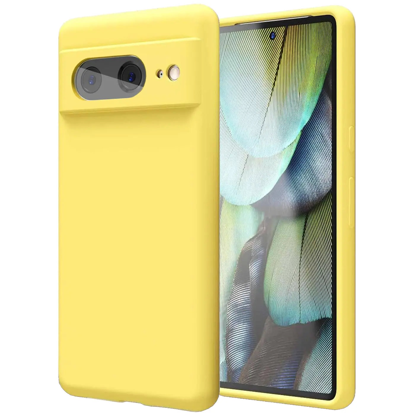 Gelbe Silikonhülle für Google Pixel 8, leicht schräg von hinten links gezeigt, mit Display auf der rechten Seite.