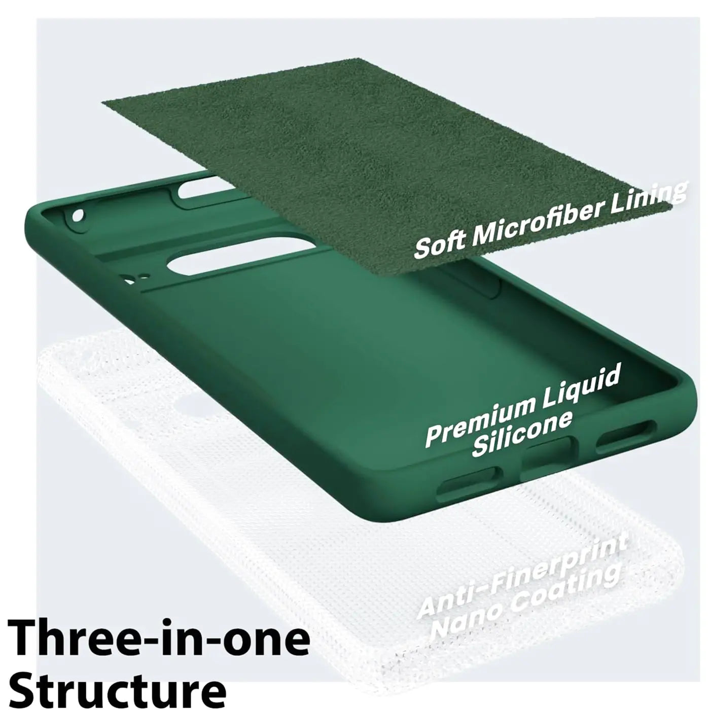 Explodierte Ansicht einer dunkelgrünen Silikonhülle für Google Pixel 8 mit Mikrofaserfutter und Nano-Beschichtung.
