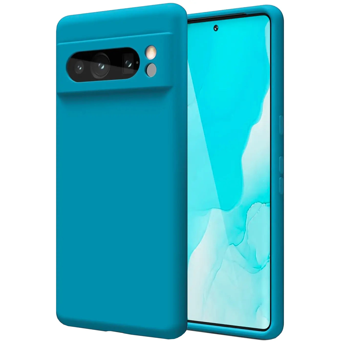 Türkise Silikonhülle für Google Pixel 8 Pro, Rückseite mit Kameraausschnitt und Vorderseite mit Display sichtbar.