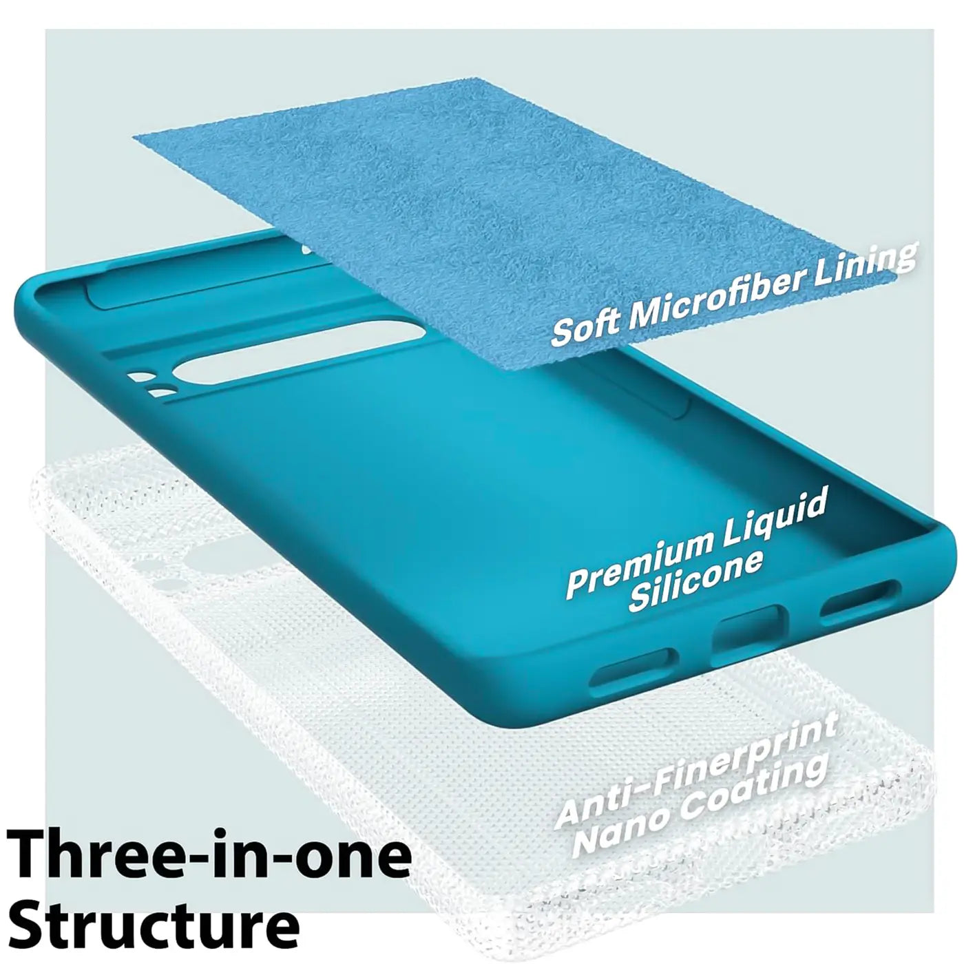 Explodierte Ansicht einer blauen Silikonhülle für Google Pixel 8 Pro mit Mikrofaser-Futter und Nano-Beschichtung.