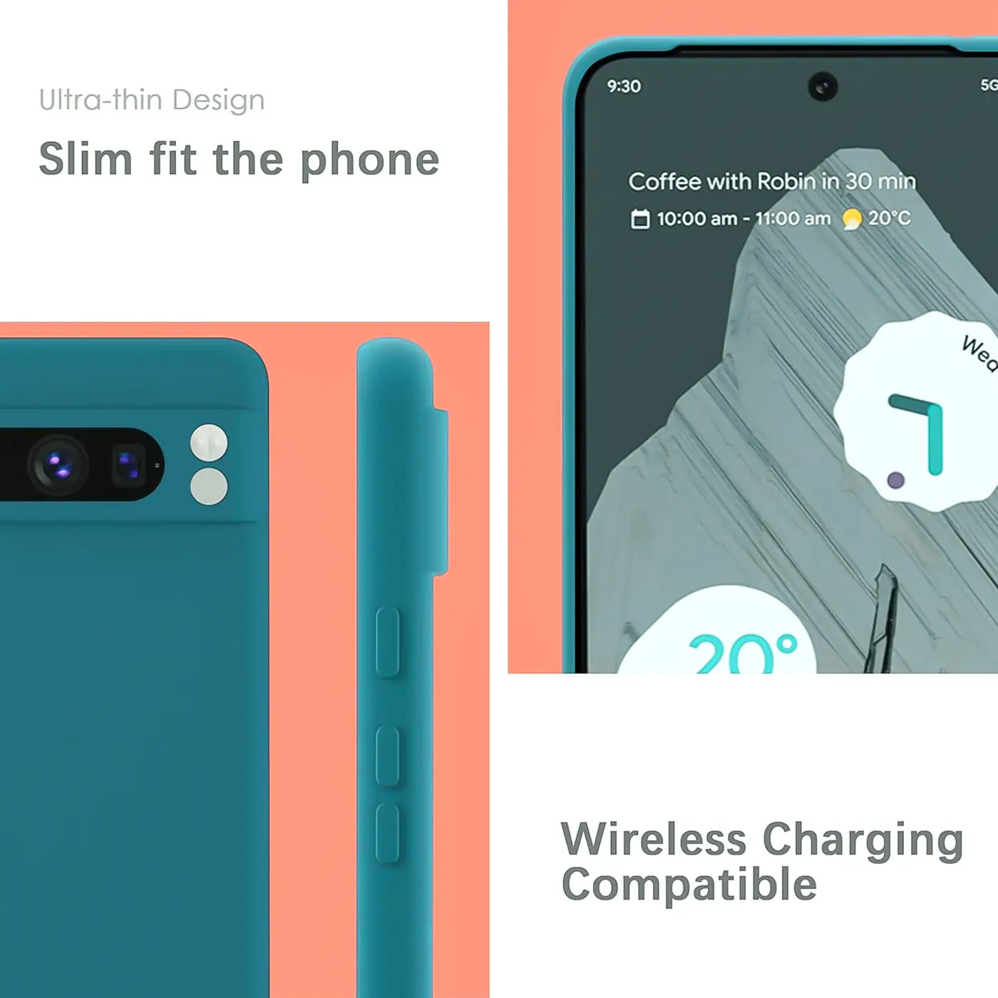Türkise Silikonhülle für Google Pixel 8 Pro, Rückseite, Seitenansicht und Vorderseite mit Display.