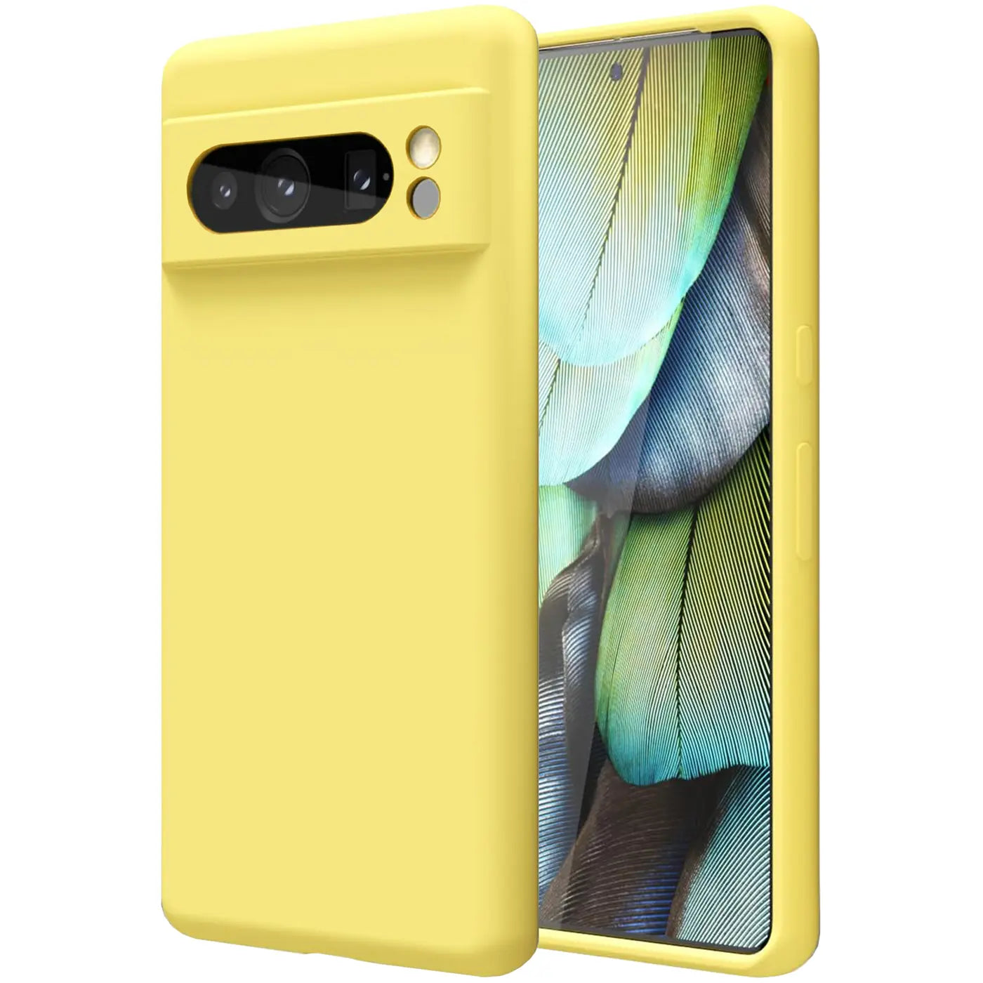 Gelbe Silikonhülle für Google Pixel 8 Pro, leicht schräg von hinten links gezeigt, mit Display rechts.