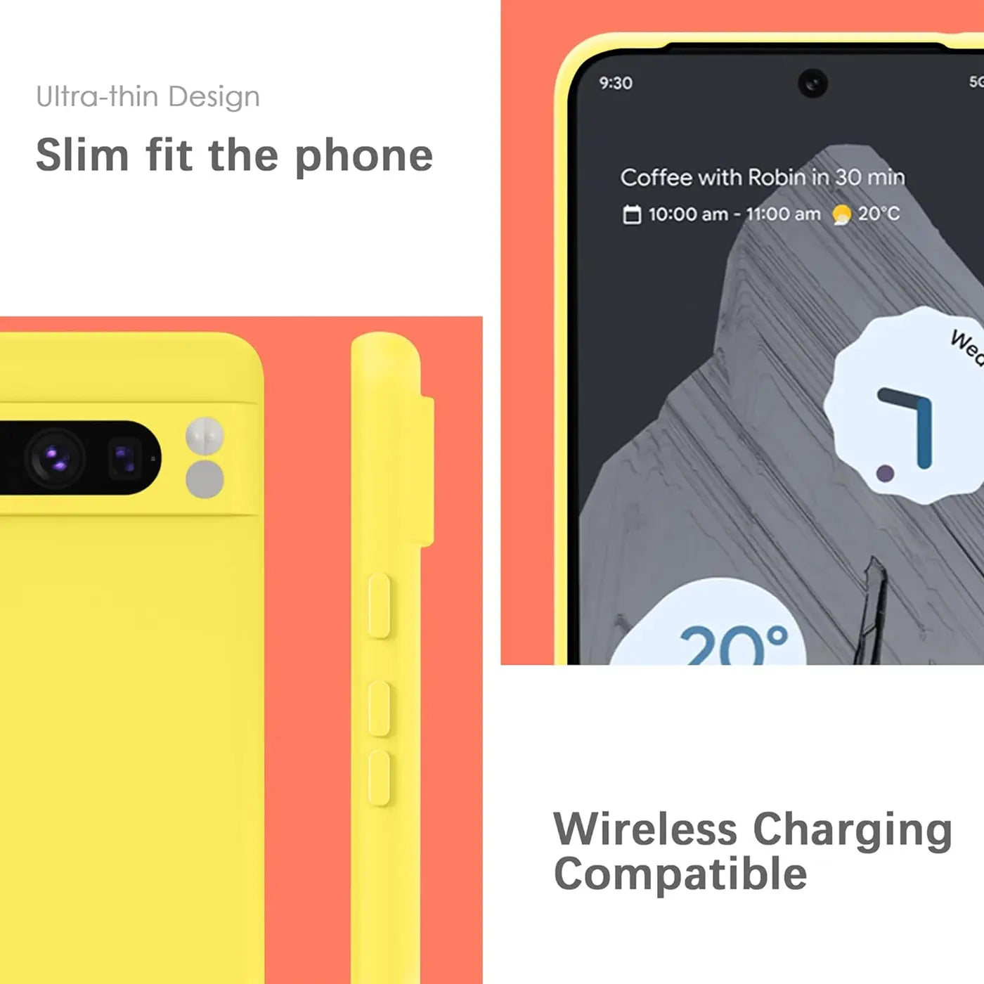 Gelbe Silikonhülle für Google Pixel 8 Pro, Rückseite mit Kamera und Seitenansicht, sowie Vorderseite des Geräts.