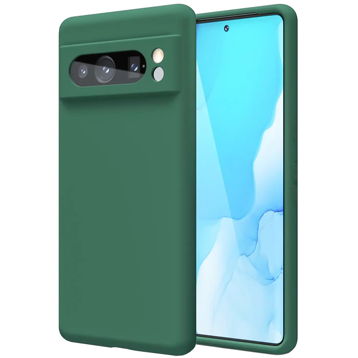 Dunkelgrüne Silikonhülle für Google Pixel 8 Pro, leicht schräg von hinten links gezeigt, Display sichtbar.