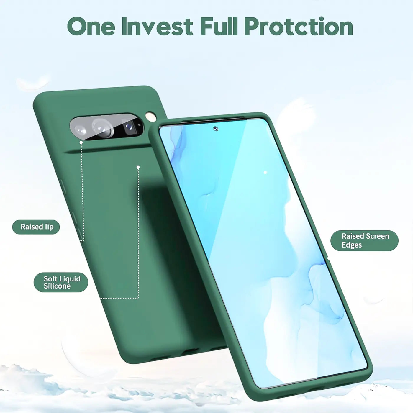 Grüne Silikonhülle für Google Pixel 8 Pro, von hinten und schräg von vorne gezeigt, mit erhöhten Rändern.