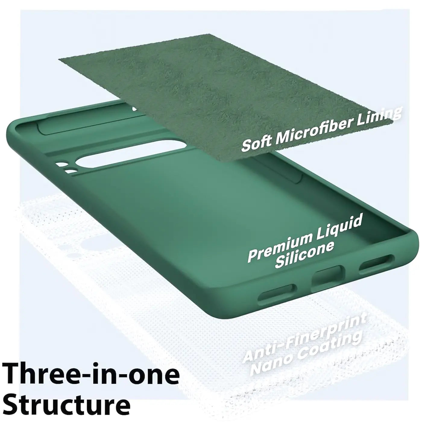 Explodierte Ansicht einer dunkelgrünen Silikonhülle für Google Pixel 8 Pro mit Mikrofaserfutter und Nano-Beschichtung.