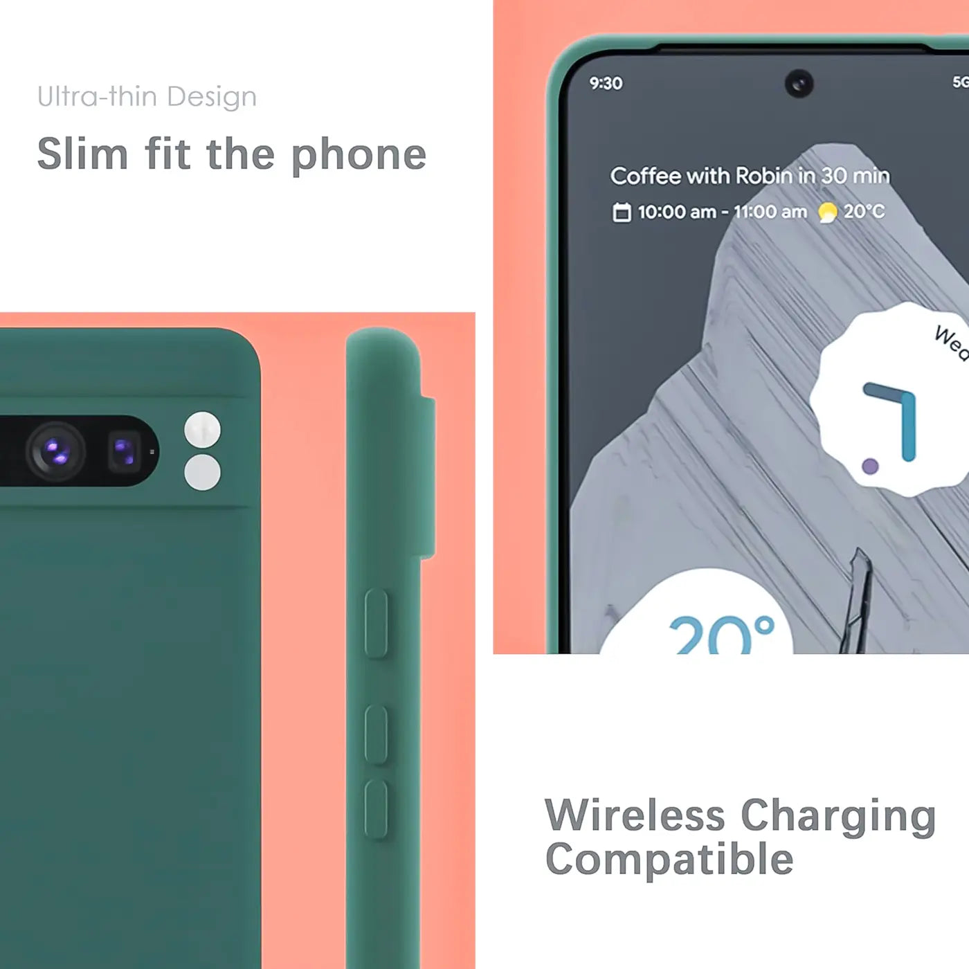 Grüne Silikonhülle für Google Pixel 8 Pro, Rückseite mit Kameraausschnitt und Seitenansicht mit Tasten.