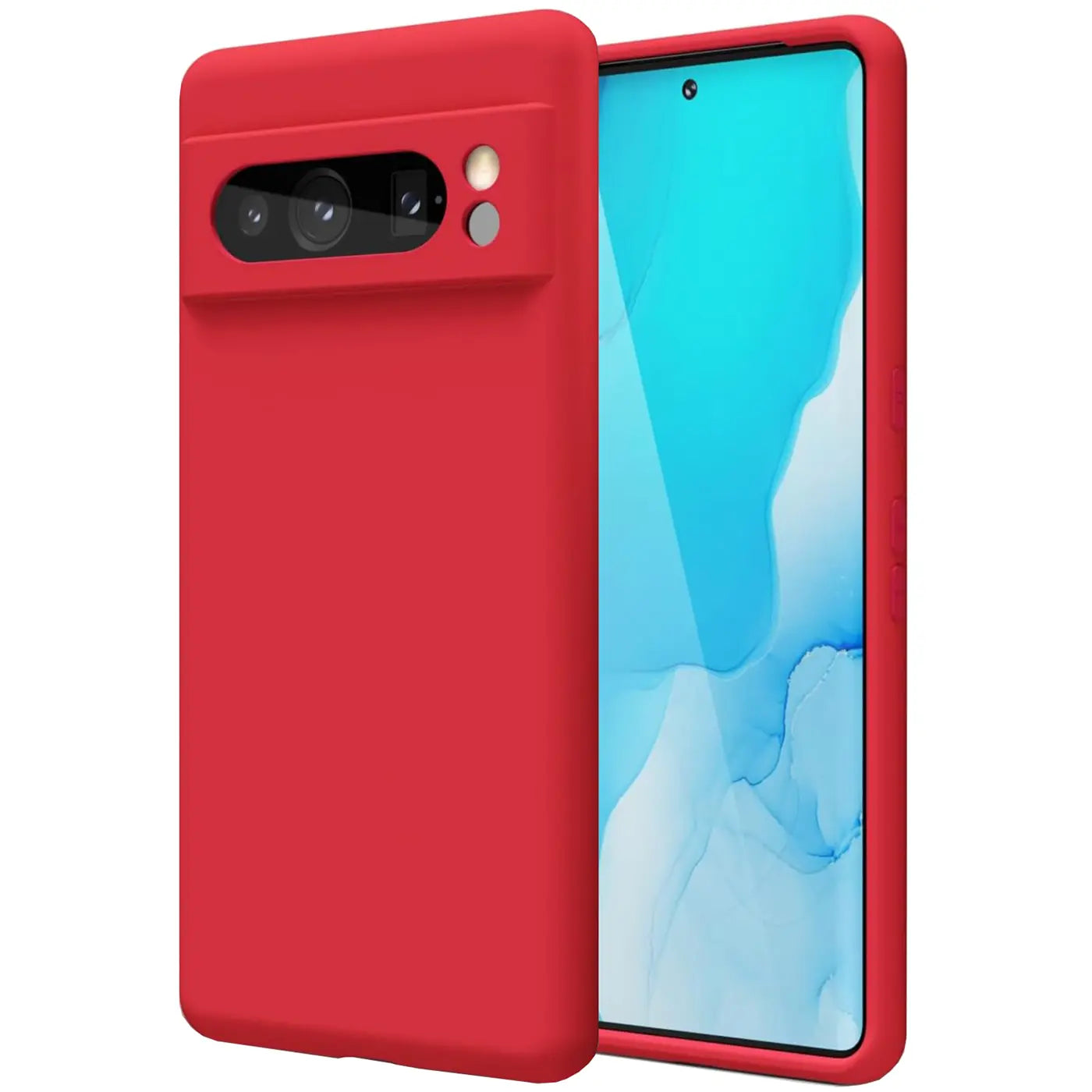 Rote Silikonhülle für Google Pixel 8 Pro, schräg von hinten links mit sichtbarer Kamera und Display.