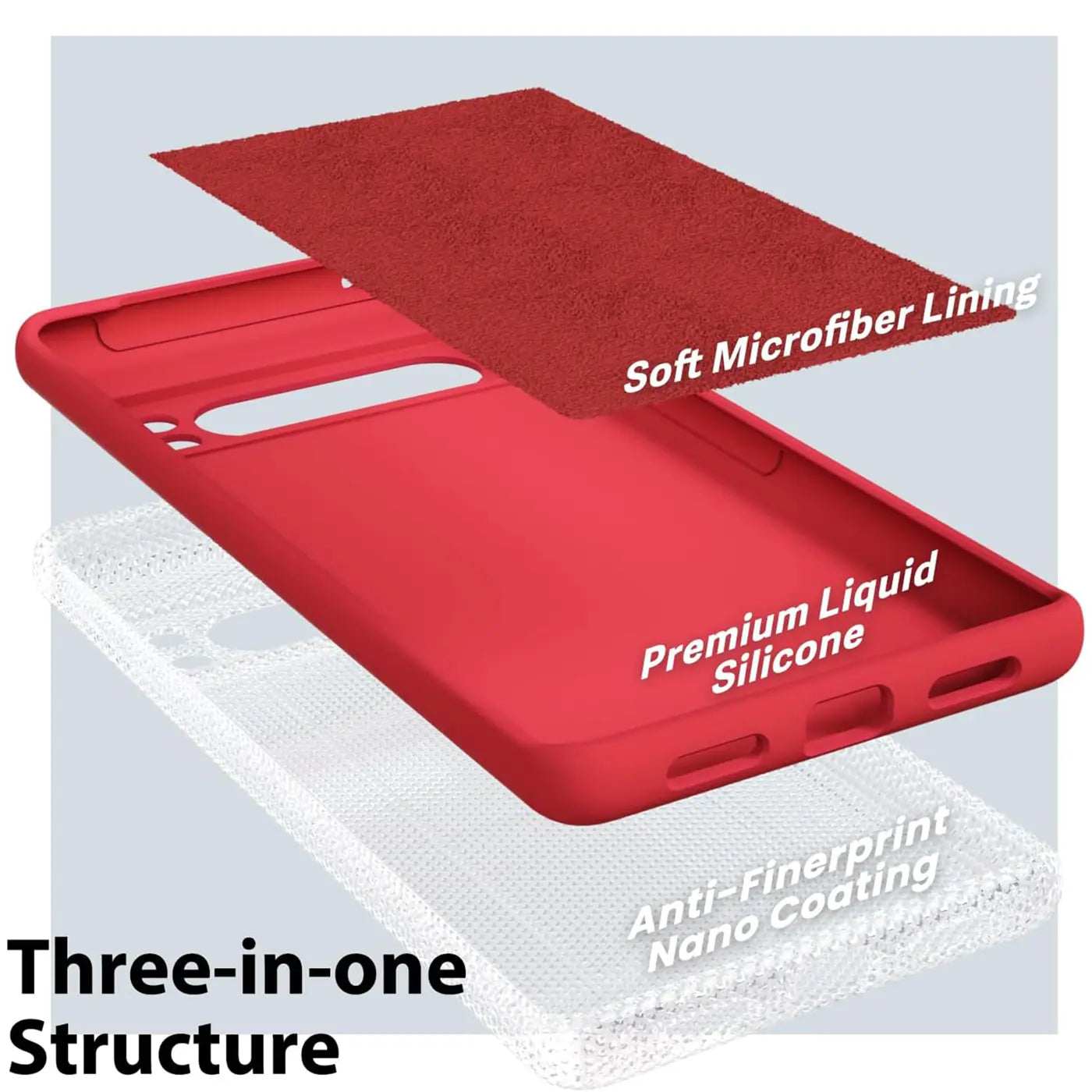Explodierte Ansicht einer roten Silikonhülle für Google Pixel 8 Pro mit Mikrofaserfutter und Nano-Beschichtung.