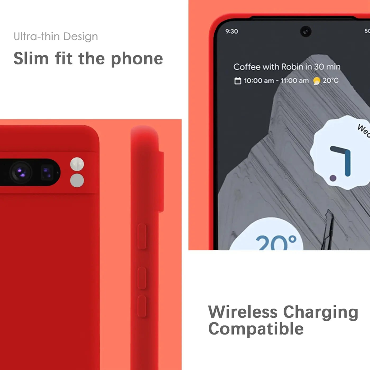 Rote Silikonhülle für Google Pixel 8 Pro. Rückansicht mit Kameraausschnitt und Seitenansicht mit Tasten.