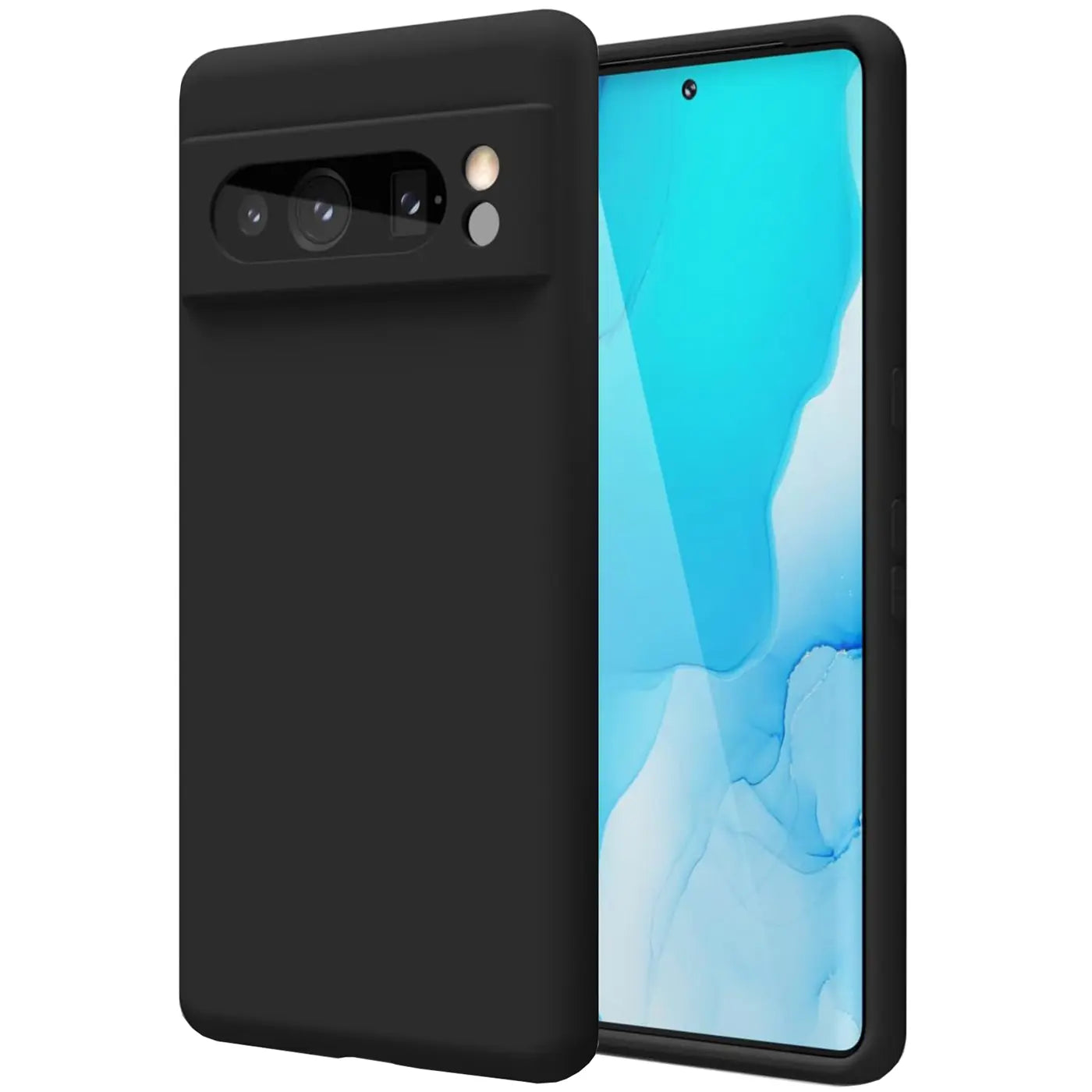 Schwarze Silikonhülle für Google Pixel 8 Pro, leicht schräg von hinten links, Display mit blauem Hintergrund.