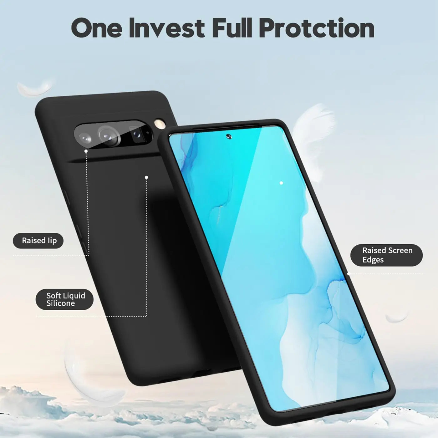 Zwei schwarze Silikonhüllen für das Google Pixel 8 Pro, eine von hinten, eine von vorne mit Display.