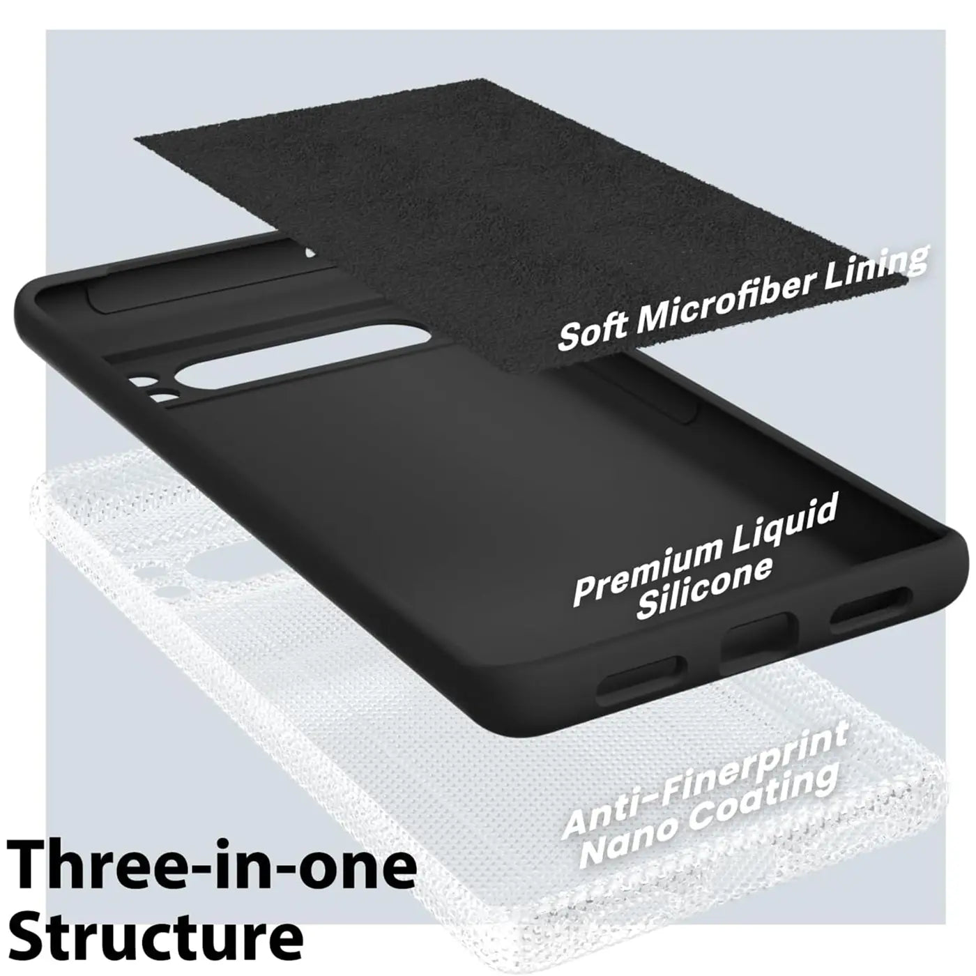 Explodierte Ansicht einer schwarzen Silikonhülle für Google Pixel 8 Pro mit Mikrofaserfutter und Nano-Beschichtung.